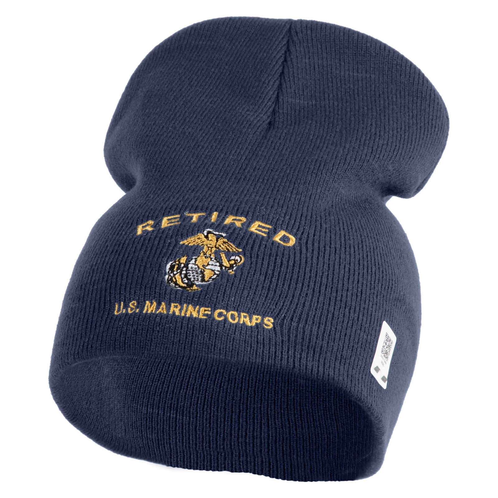 Navy blue beanie with 'Retired U.S. Marine Corps' text and emblem on a white background