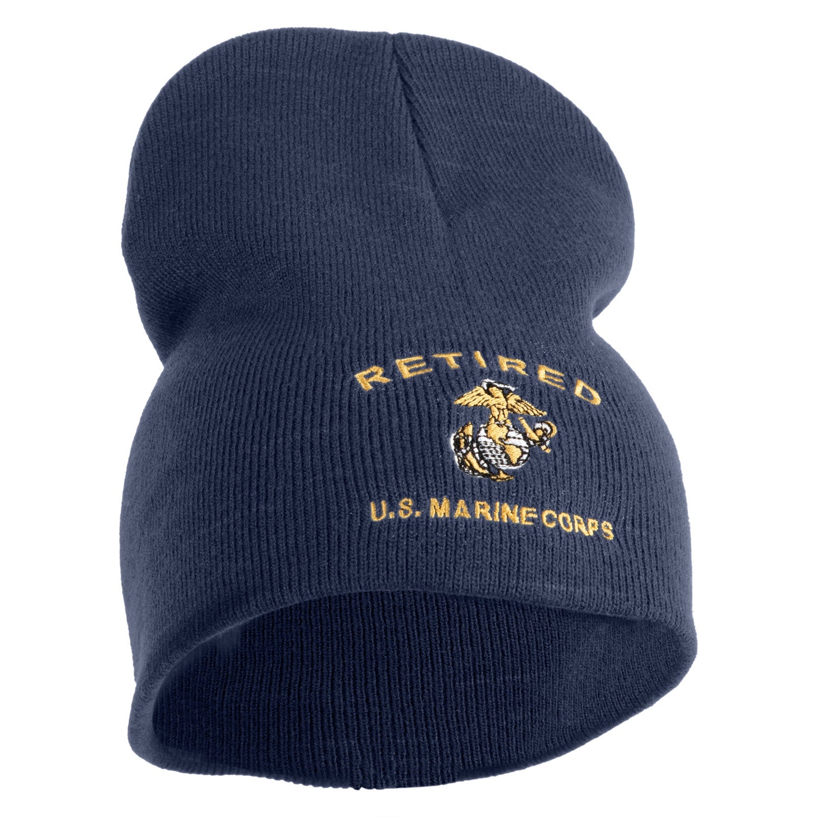 Navy blue beanie with 'Retired U.S. Marine Corps' text and emblem on a white background