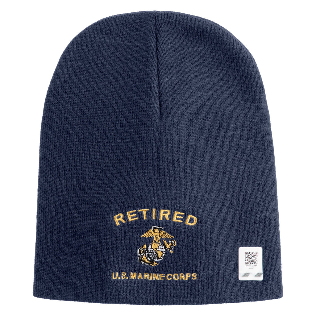 Navy blue beanie with 'Retired U.S. Marine Corps' embroidery on a white background