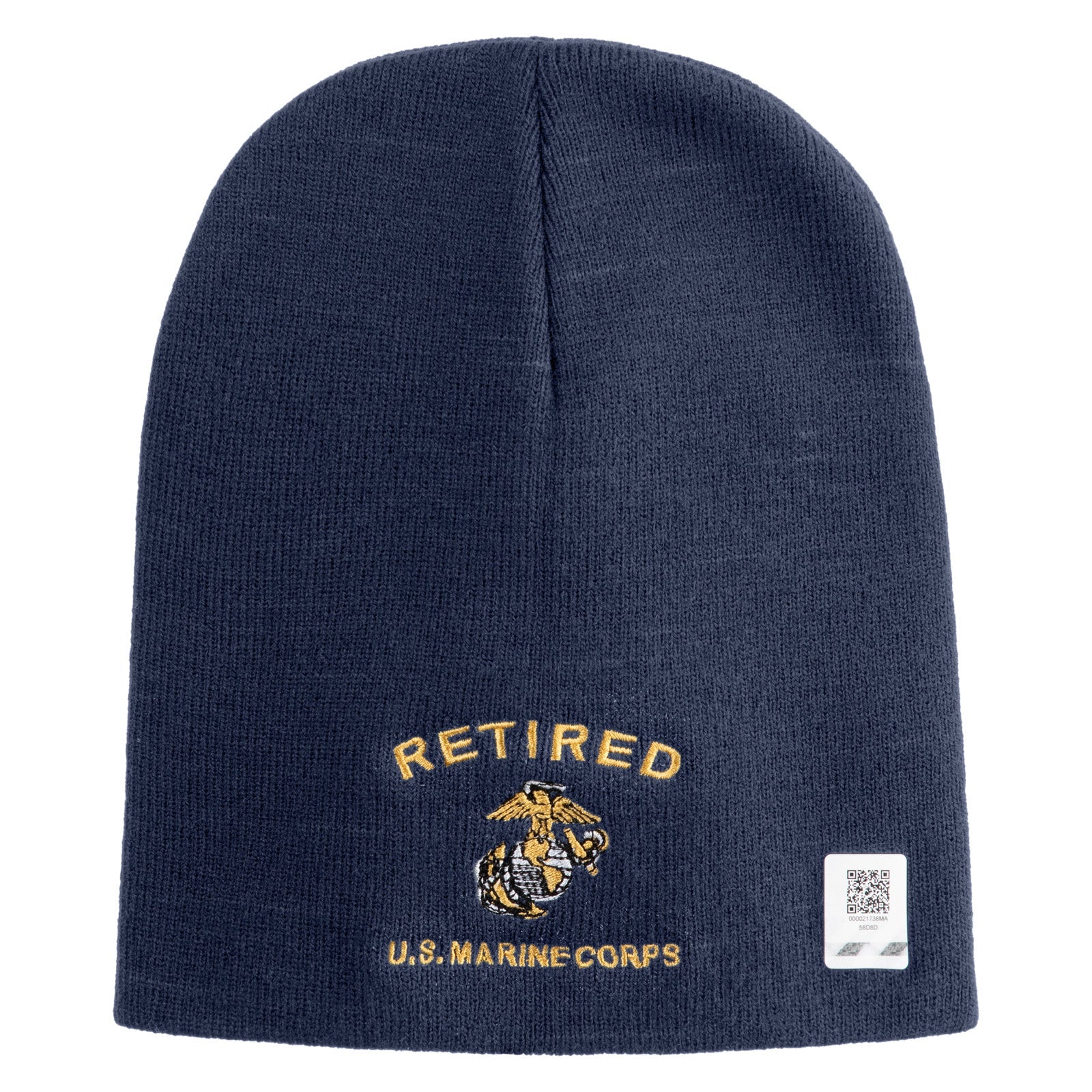 Navy blue beanie with 'Retired U.S. Marine Corps' embroidery on a white background