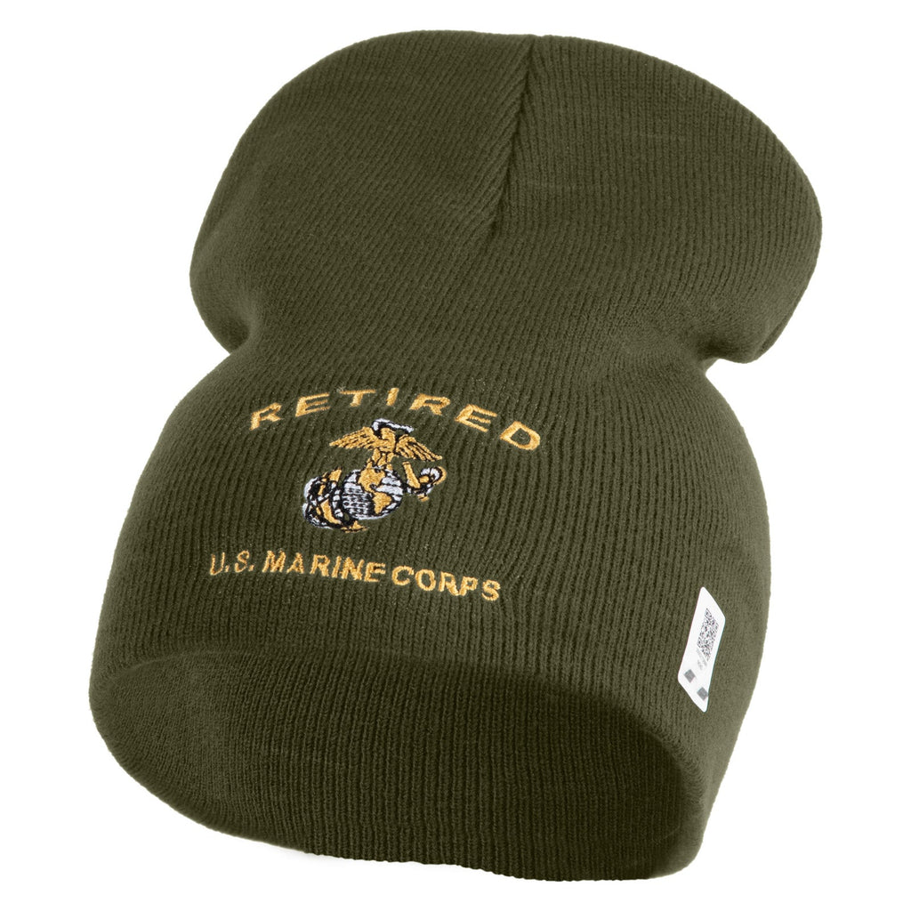 Green beanie with 'Retired U.S. Marine Corps' text and logo on a white background