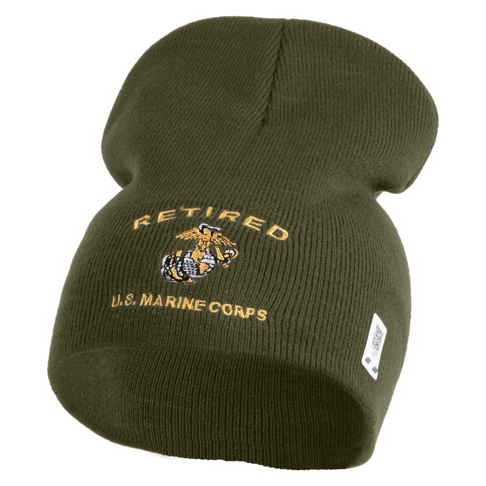 Green beanie with 'Retired U.S. Marine Corps' text and logo on a white background