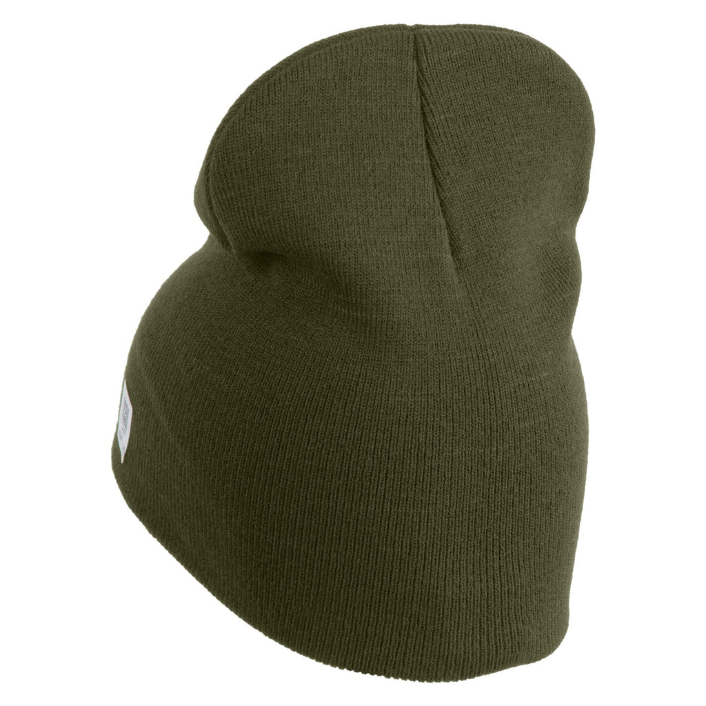 Green knit beanie with a hood on a white background