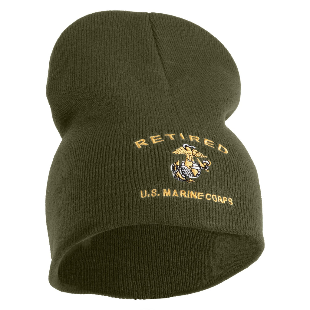 Green beanie with 'Retired U.S. Marine Corps' text and emblem on a white background