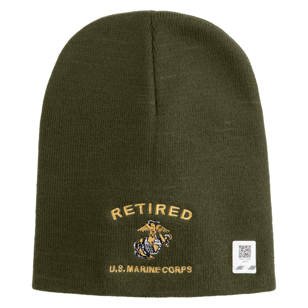 Black beanie with 'Retired U.S. Marine Corps' embroidery on a white background