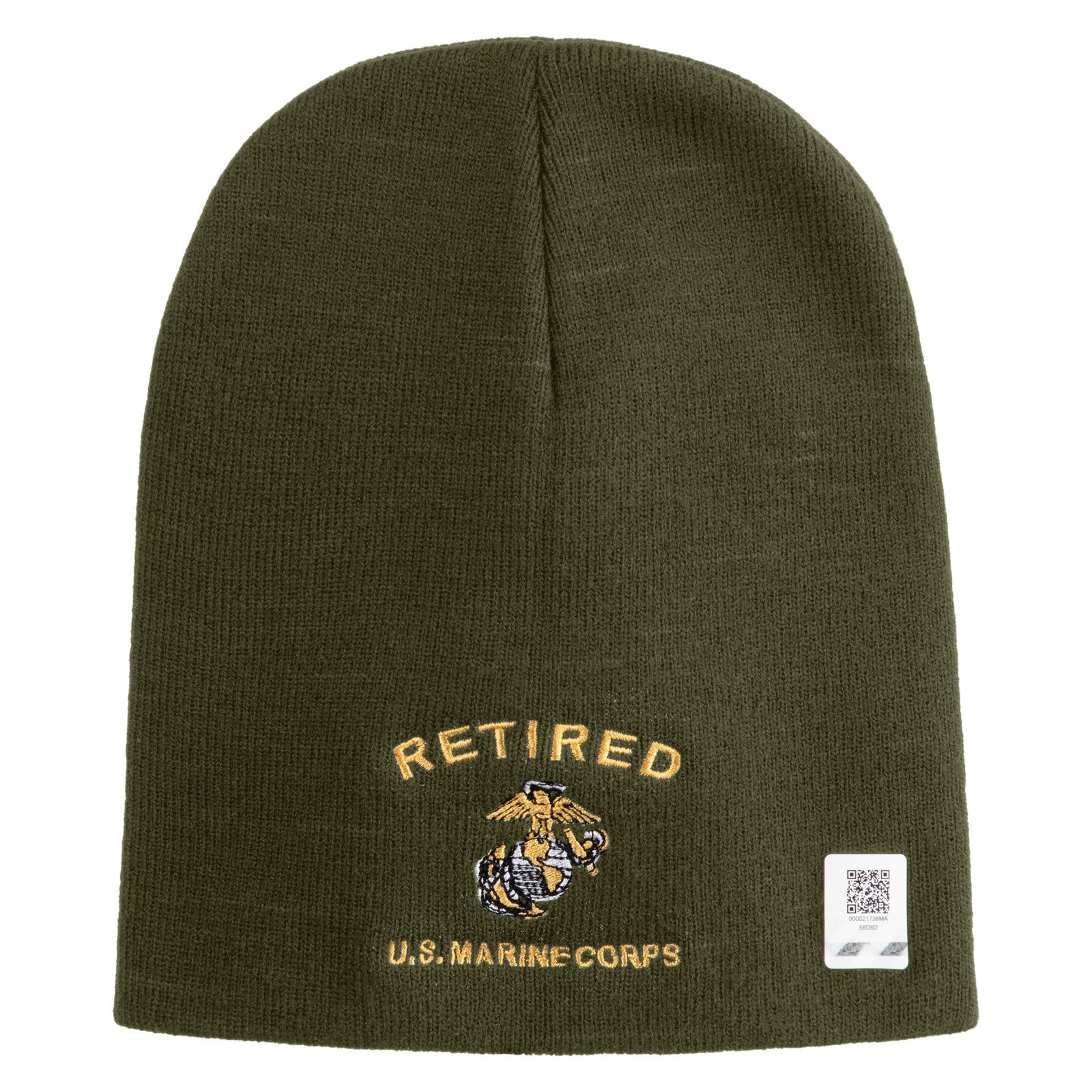 Black beanie with 'Retired U.S. Marine Corps' embroidery on a white background