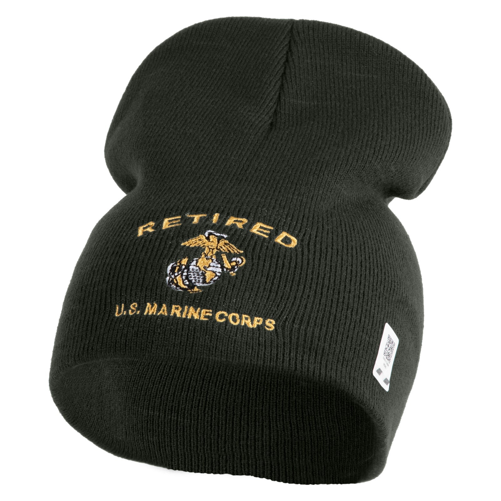 Green beanie with 'Retired U.S. Marine Corps' text and logo on a white background