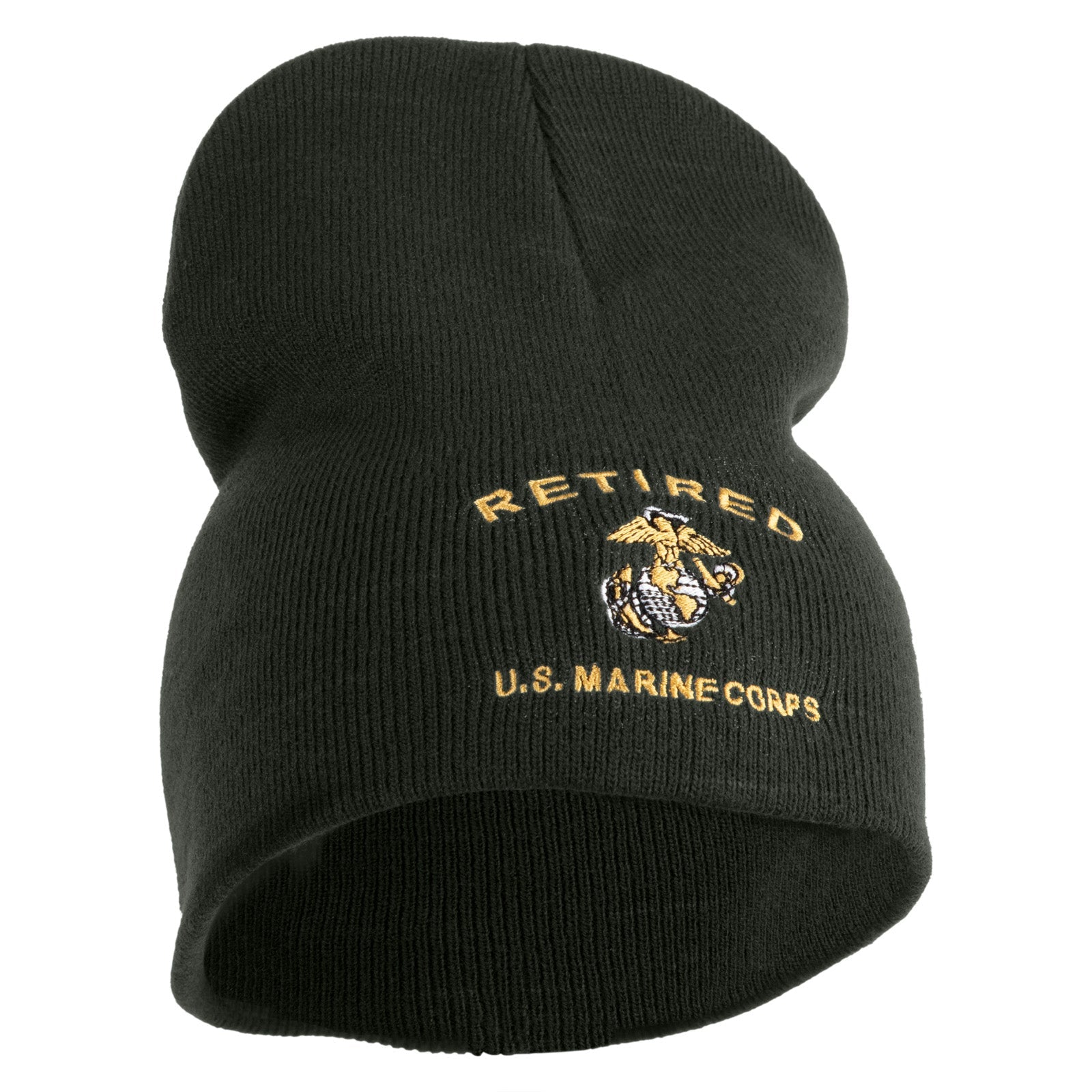 Black beanie with 'Retired U.S. Marine Corps' embroidery on a white background