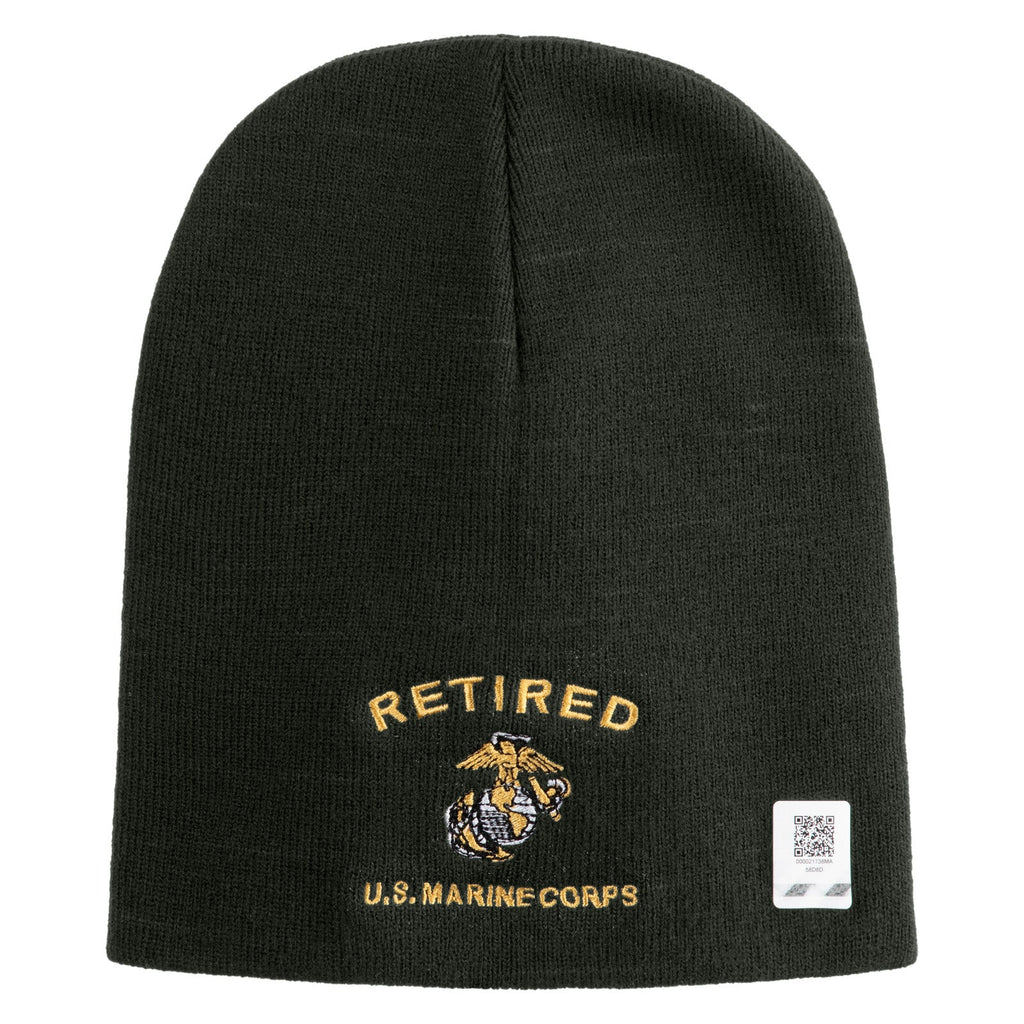 Black beanie with 'Retired U.S. Marine Corps' embroidery on a white background