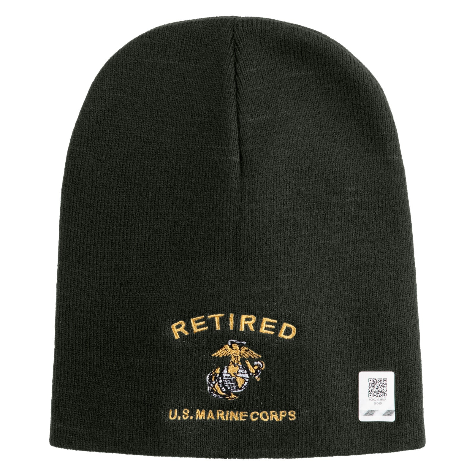 Black beanie with 'Retired U.S. Marine Corps' embroidery on a white background