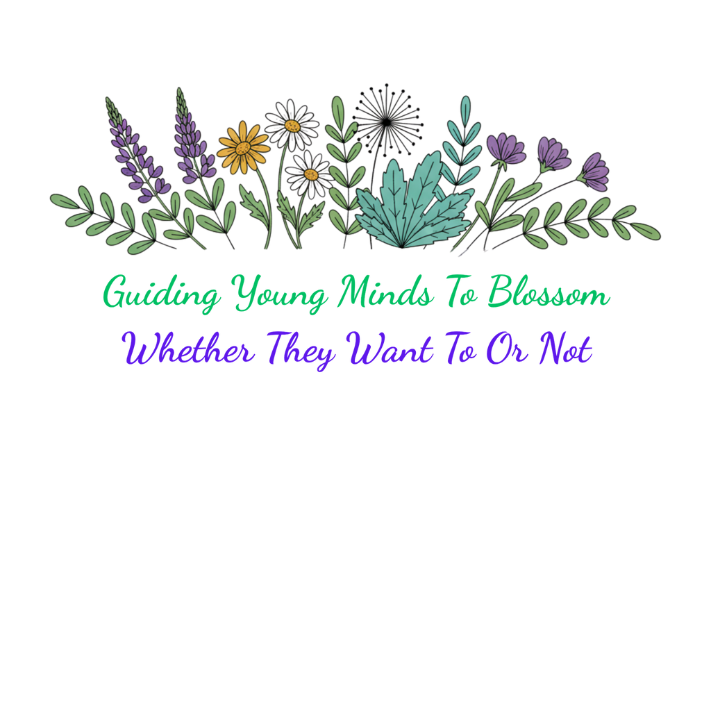 Decorative design with flowers and text on a white background