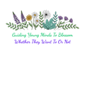 Decorative design with flowers and text on a white background