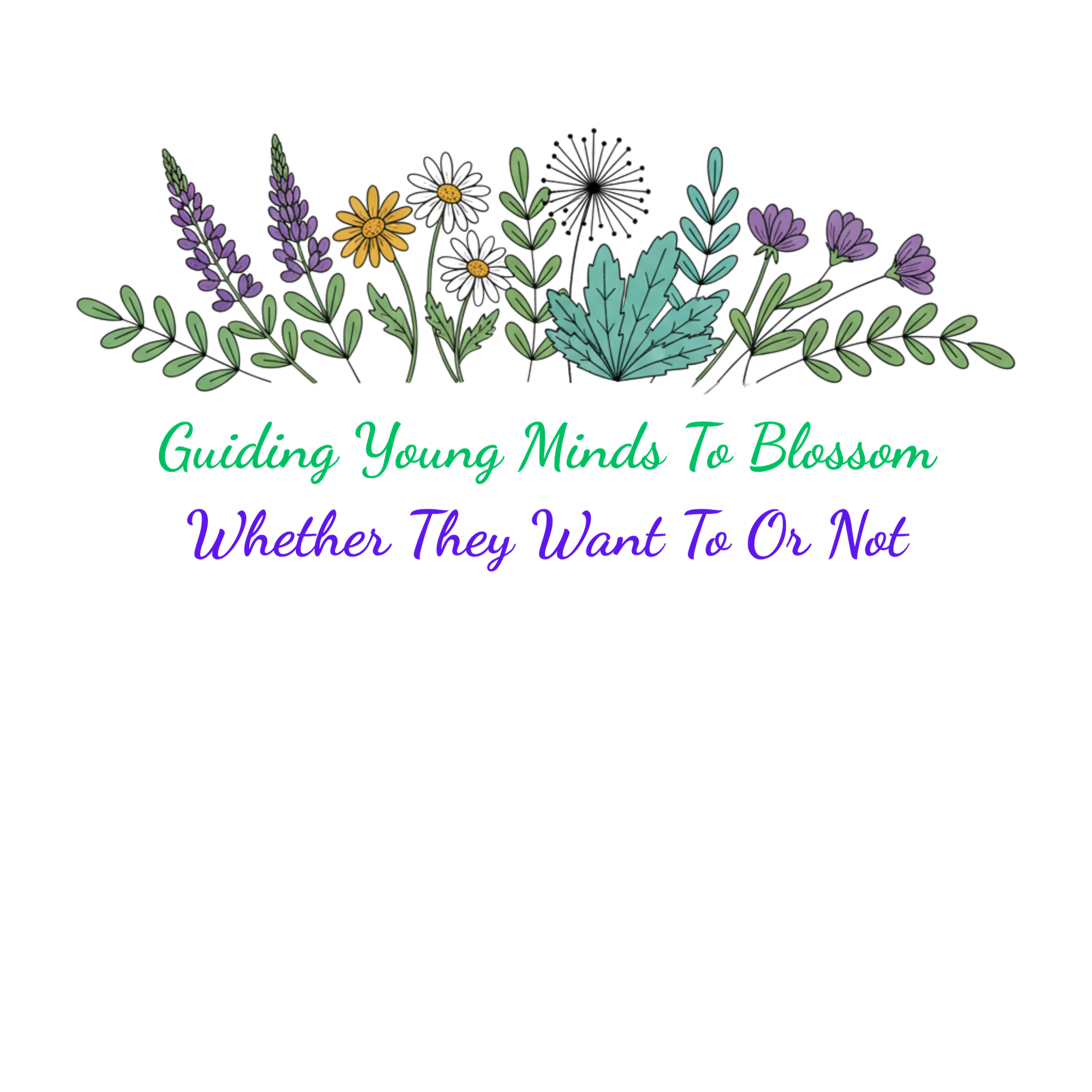 Decorative design with flowers and text on a white background