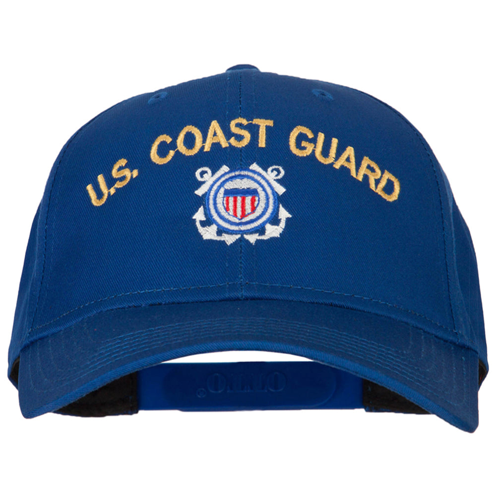 Blue U.S. Coast Guard cap with emblem and text on a white background