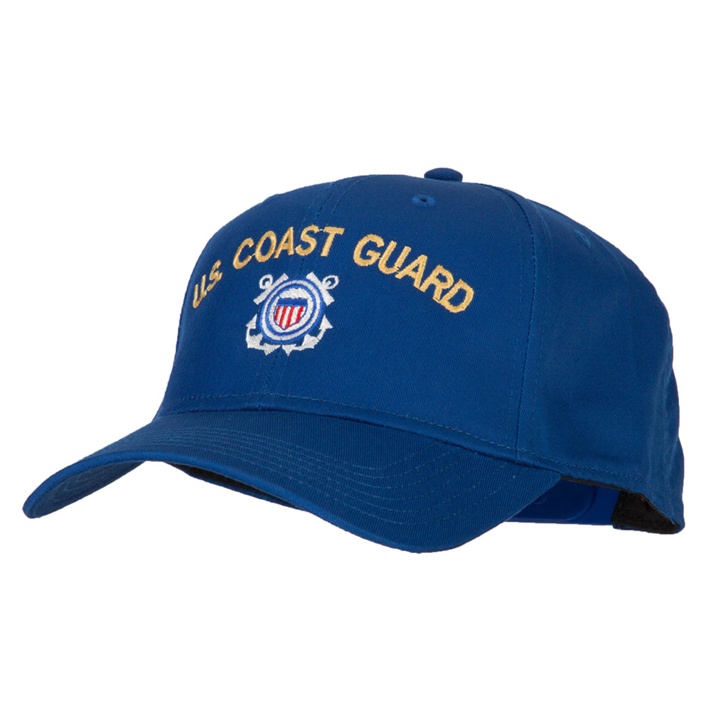 Blue U.S. Coast Guard cap with yellow text on a white background