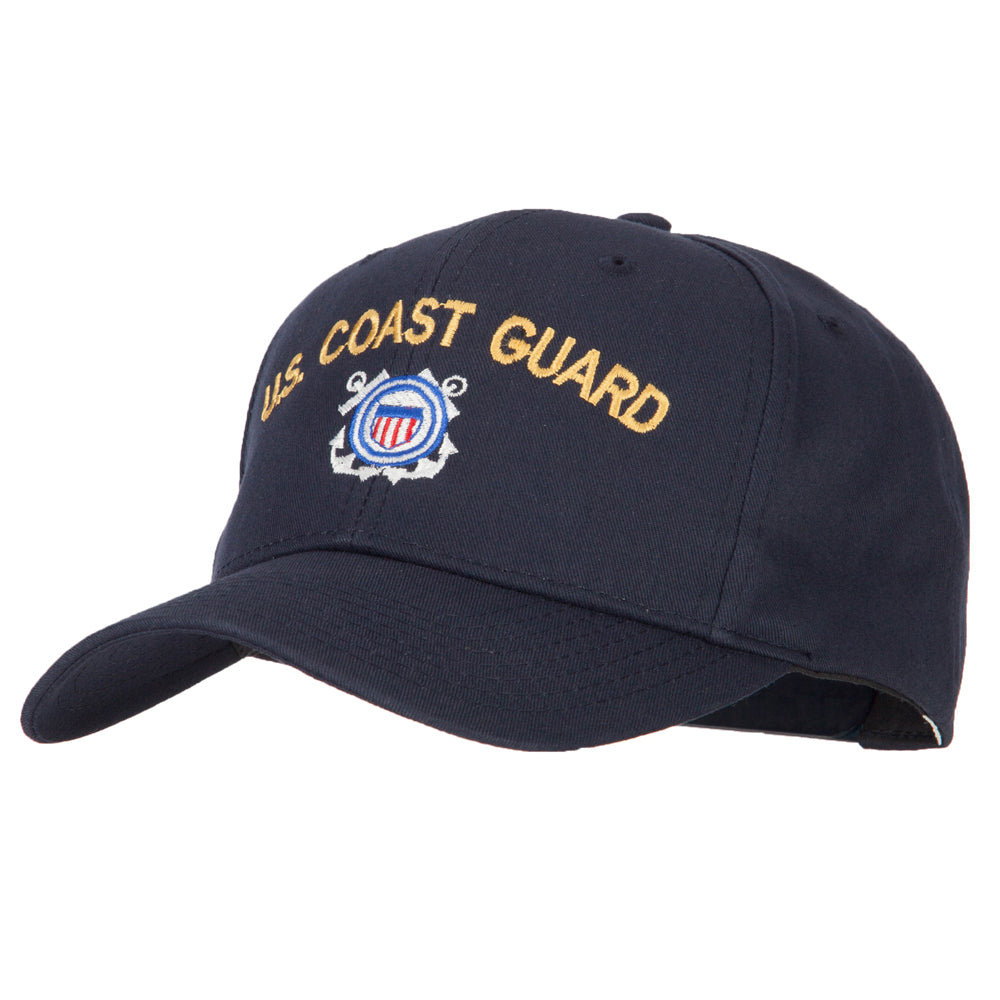 Navy blue U.S. Coast Guard cap with yellow text and emblem on a white background