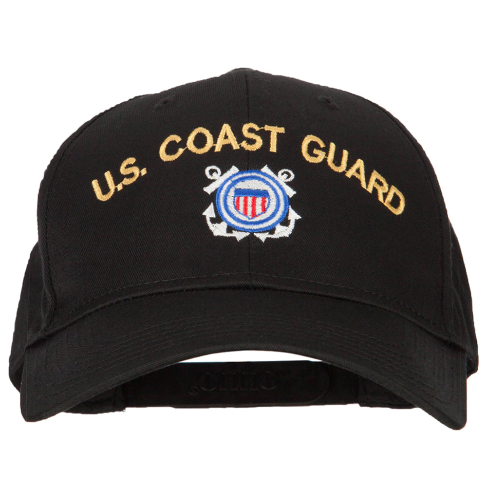 Black cap with 'U.S. Coast Guard' text and emblem on a white background