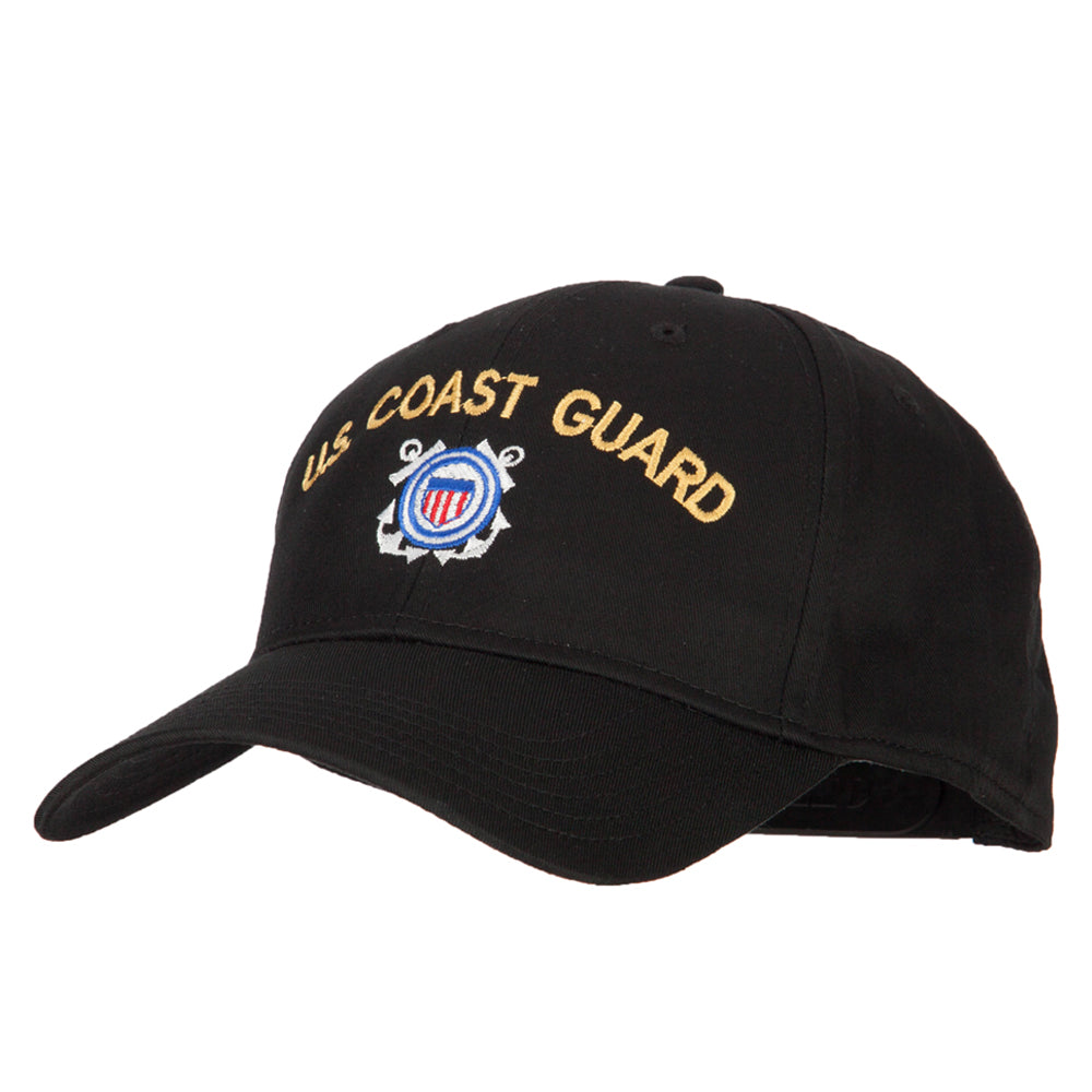 Black US Coast Guard cap with emblem and text on a white background