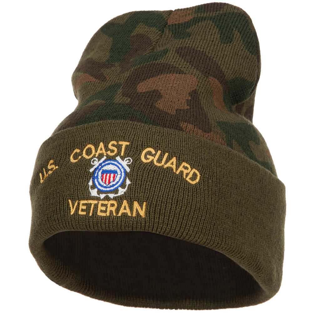 Camouflage beanie with U.S. Coast Guard Veteran embroidery on a white background