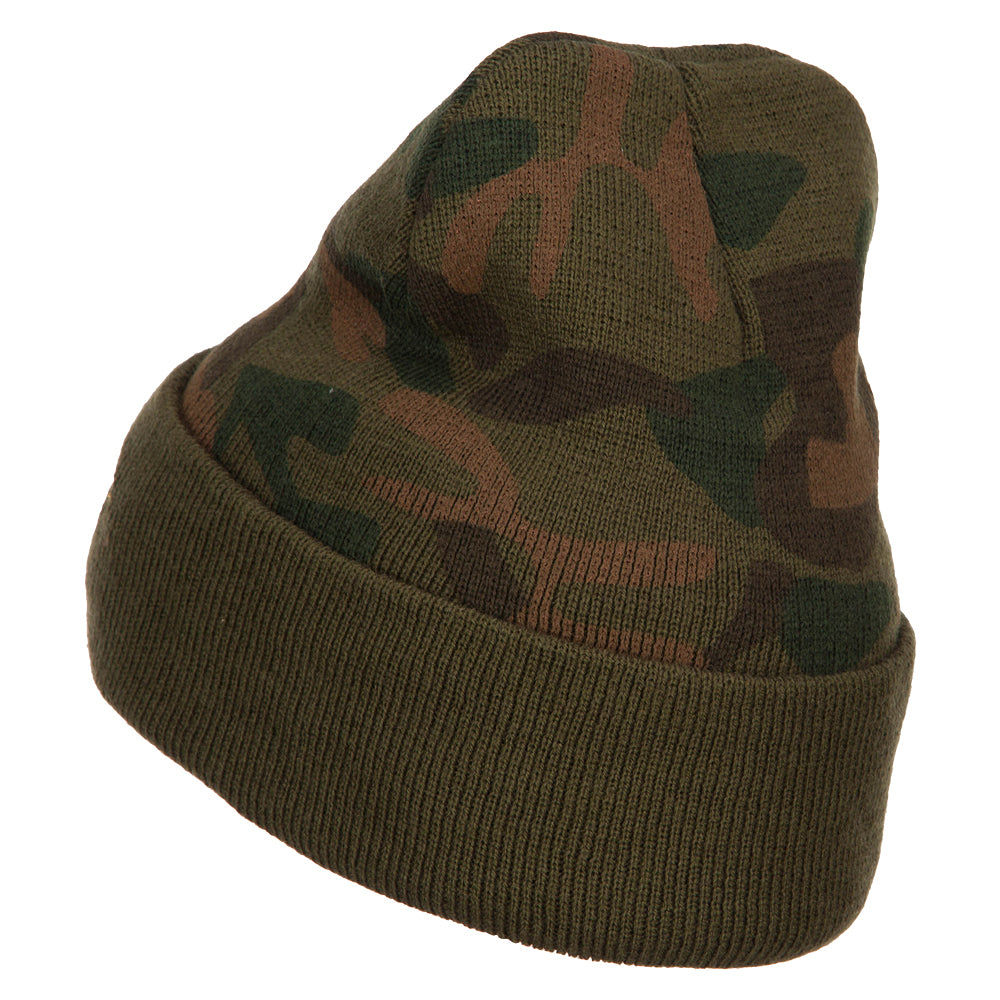 Camouflage-patterned beanie on a white background