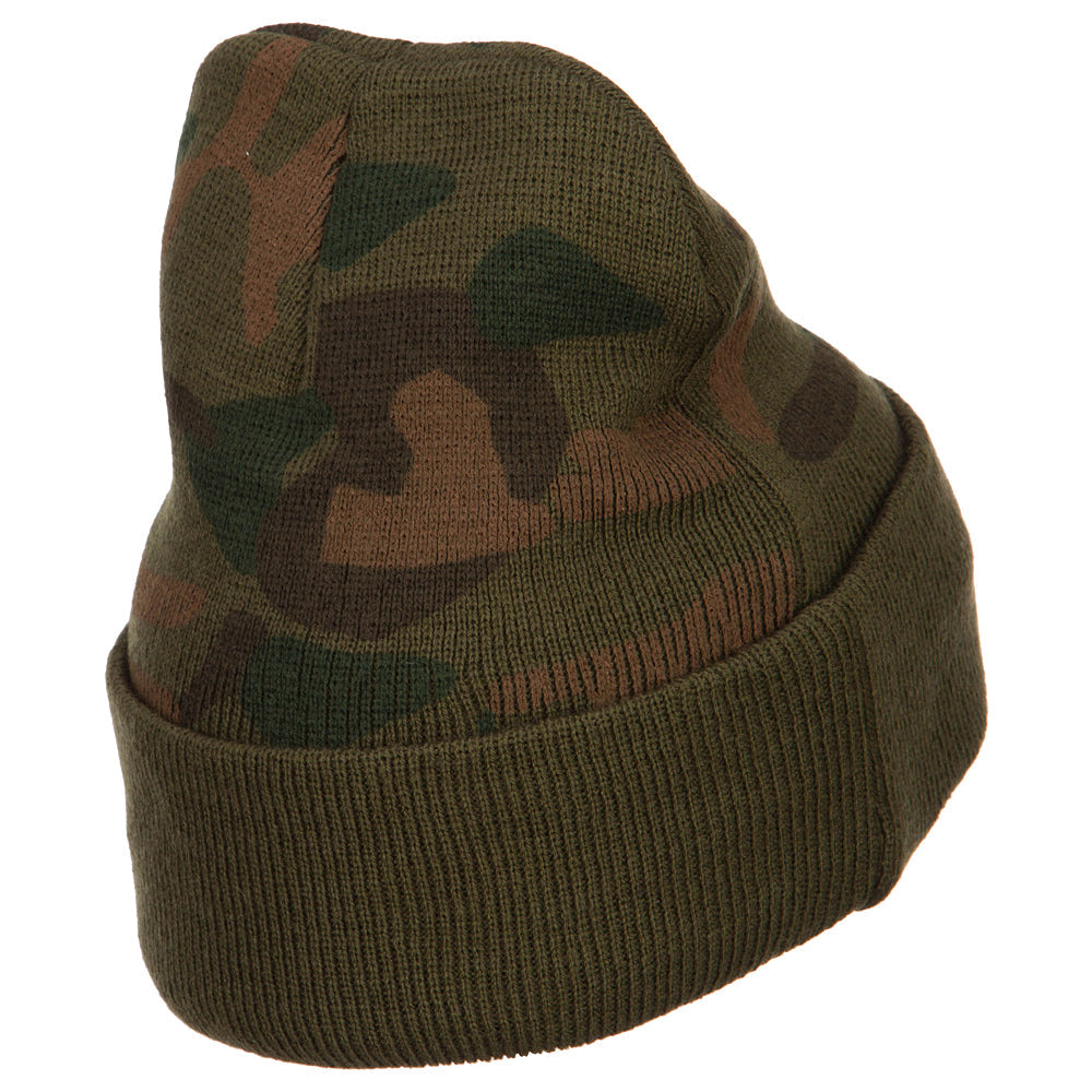 Camouflage-patterned beanie on a white background