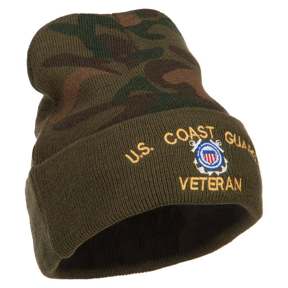 Camouflage-patterned beanie on a white background