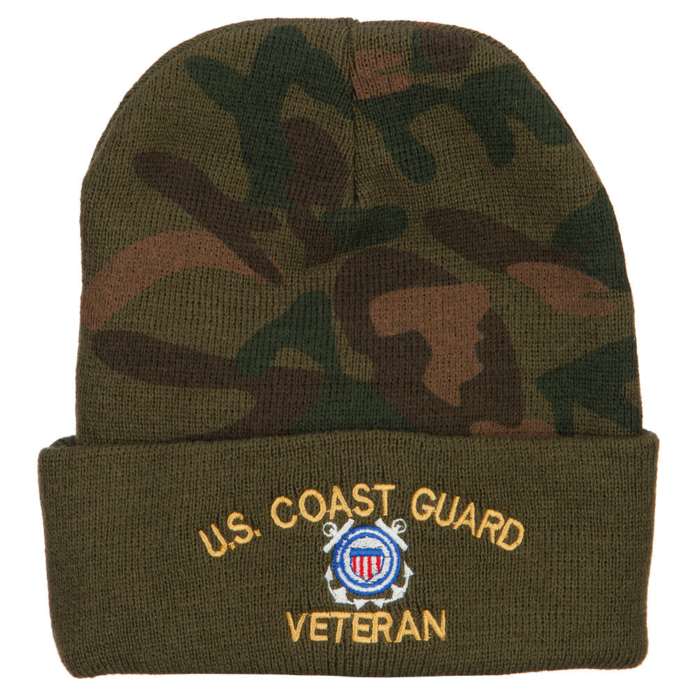 Camouflage beanie with U.S. Coast Guard Veteran embroidery on a white background