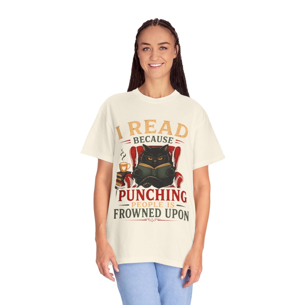 Funny Book Lover T-Shirt, “I Read Because Punching People Is Frowned Upon” Black Cat Tee