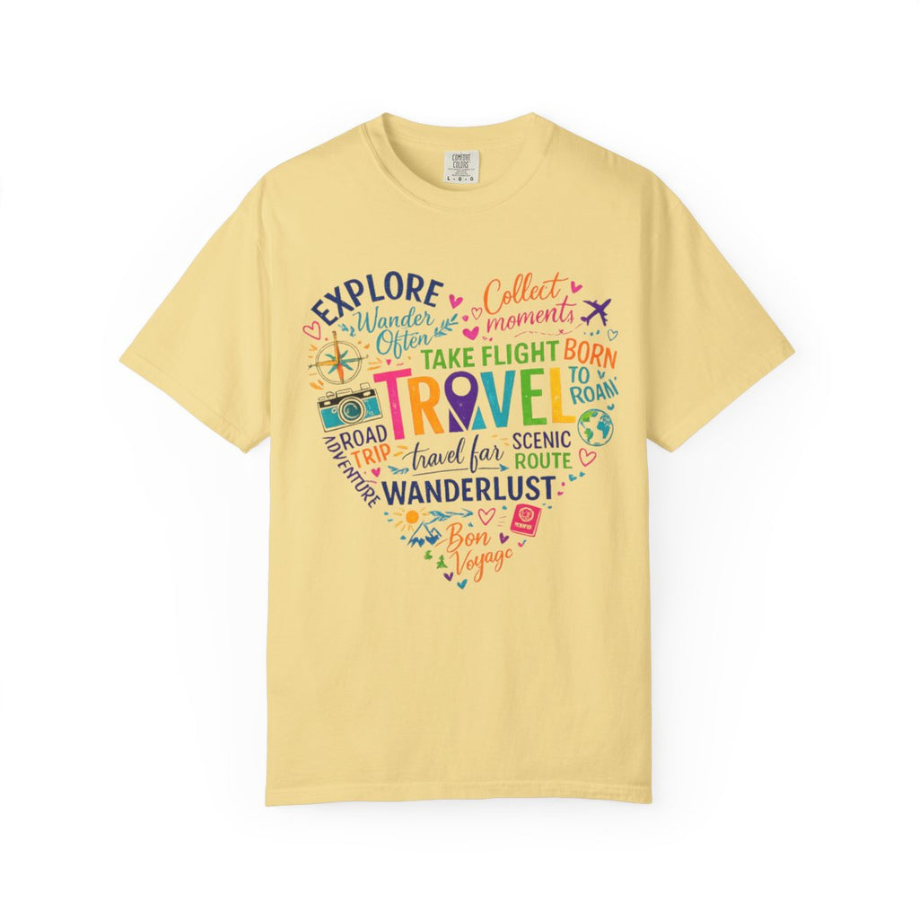 A pale yellow short-sleeve t-shirt with a colorful heart-shaped graphic on the chest containing travel-themed words and small illustrations, shown against a plain white background.