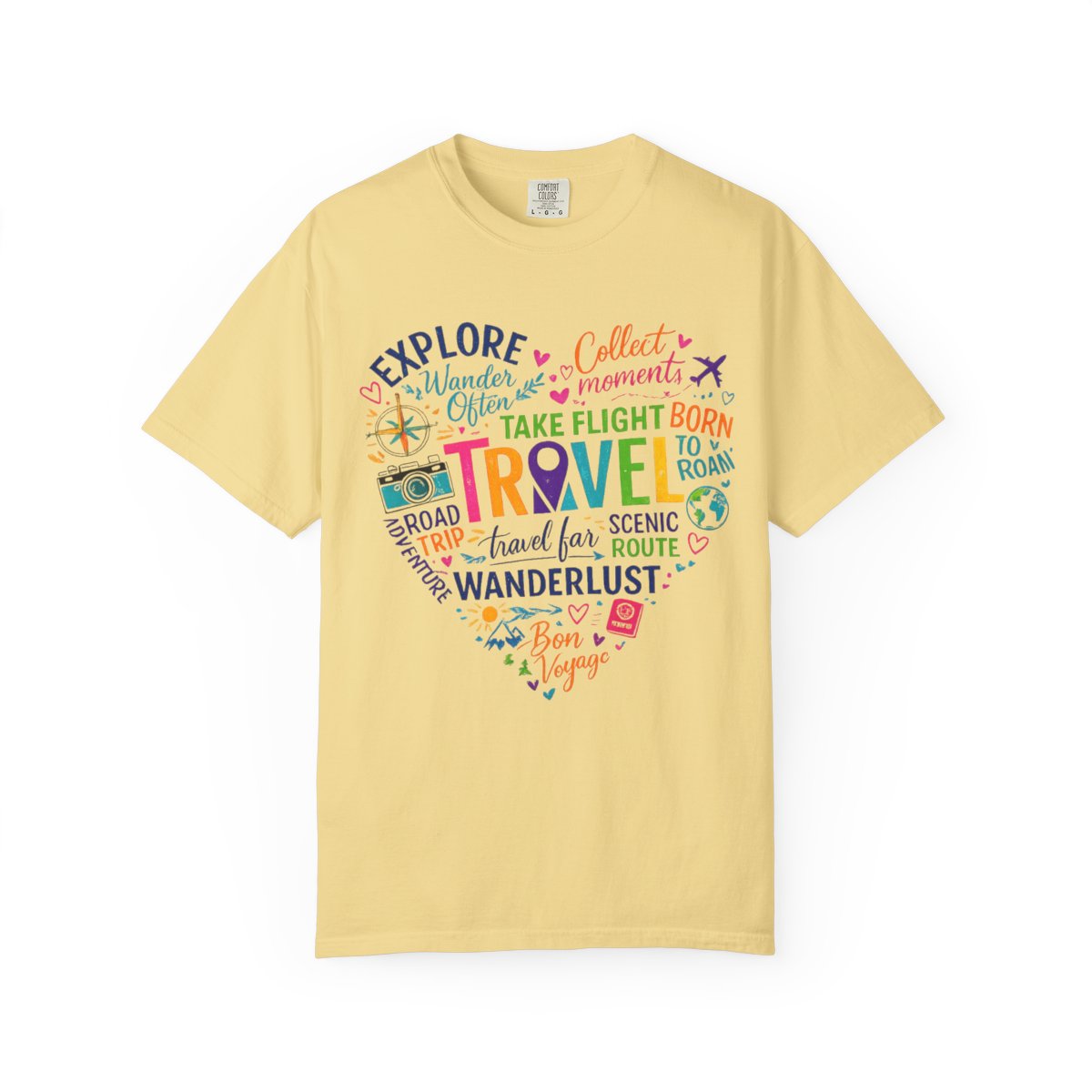 A pale yellow short-sleeve t-shirt with a colorful heart-shaped graphic on the chest containing travel-themed words and small illustrations, shown against a plain white background.