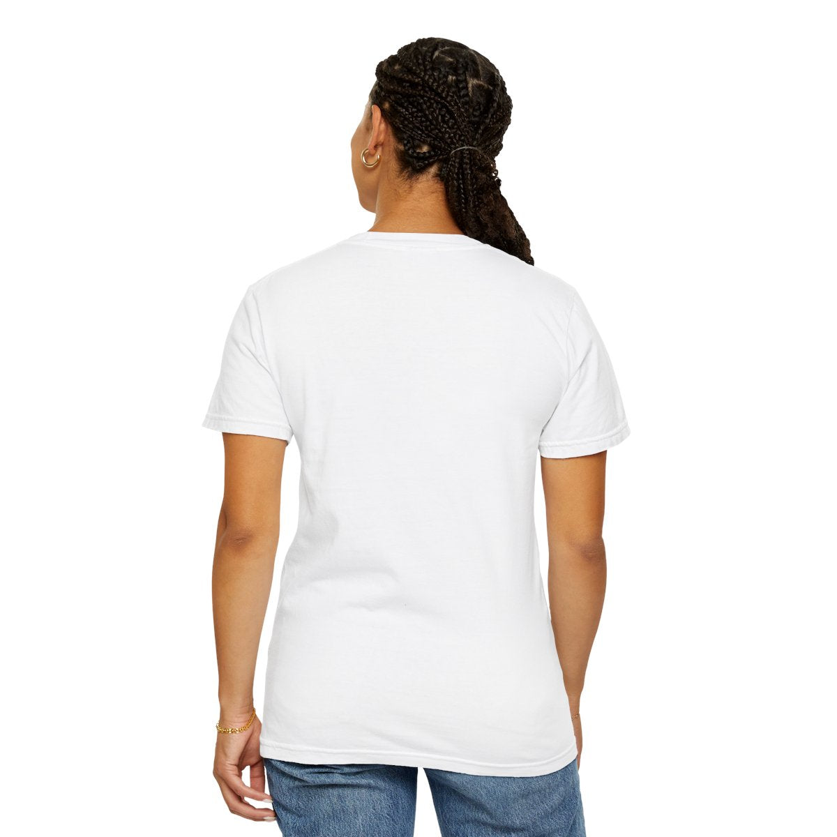 Person wearing a white t-shirt with text on the back, standing against a white background