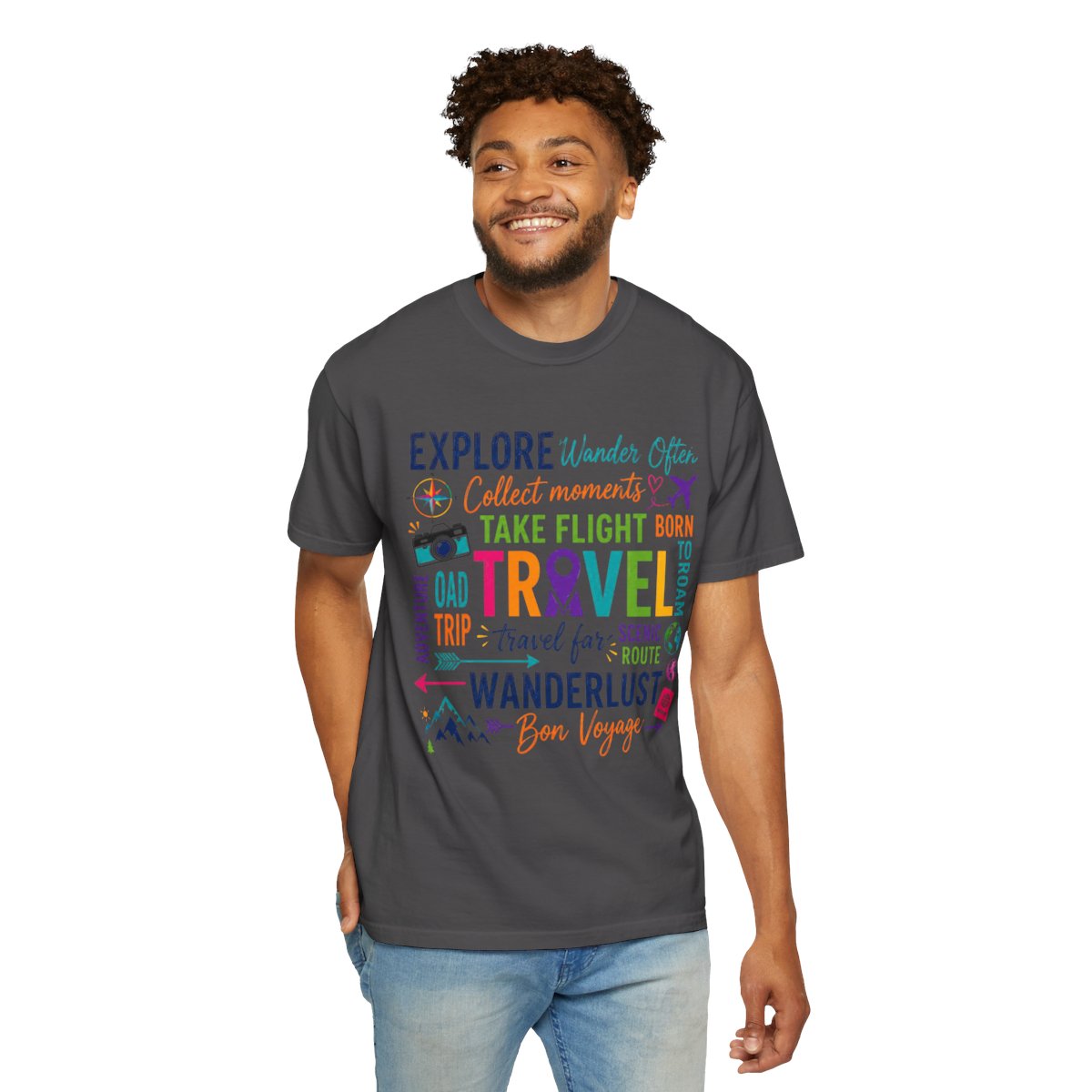 Travel T-Shirt Square– Explore Wanderlust Adventure & Bon Voyage Graphic Tee Travell, Typography Stack