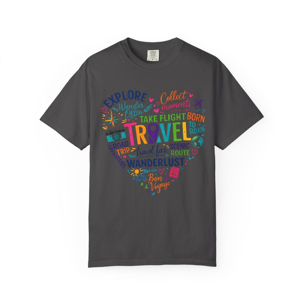 A dark gray crewneck t-shirt featuring a colorful heart-shaped graphic filled with travel-themed words and small icons, displayed on a clean white background.