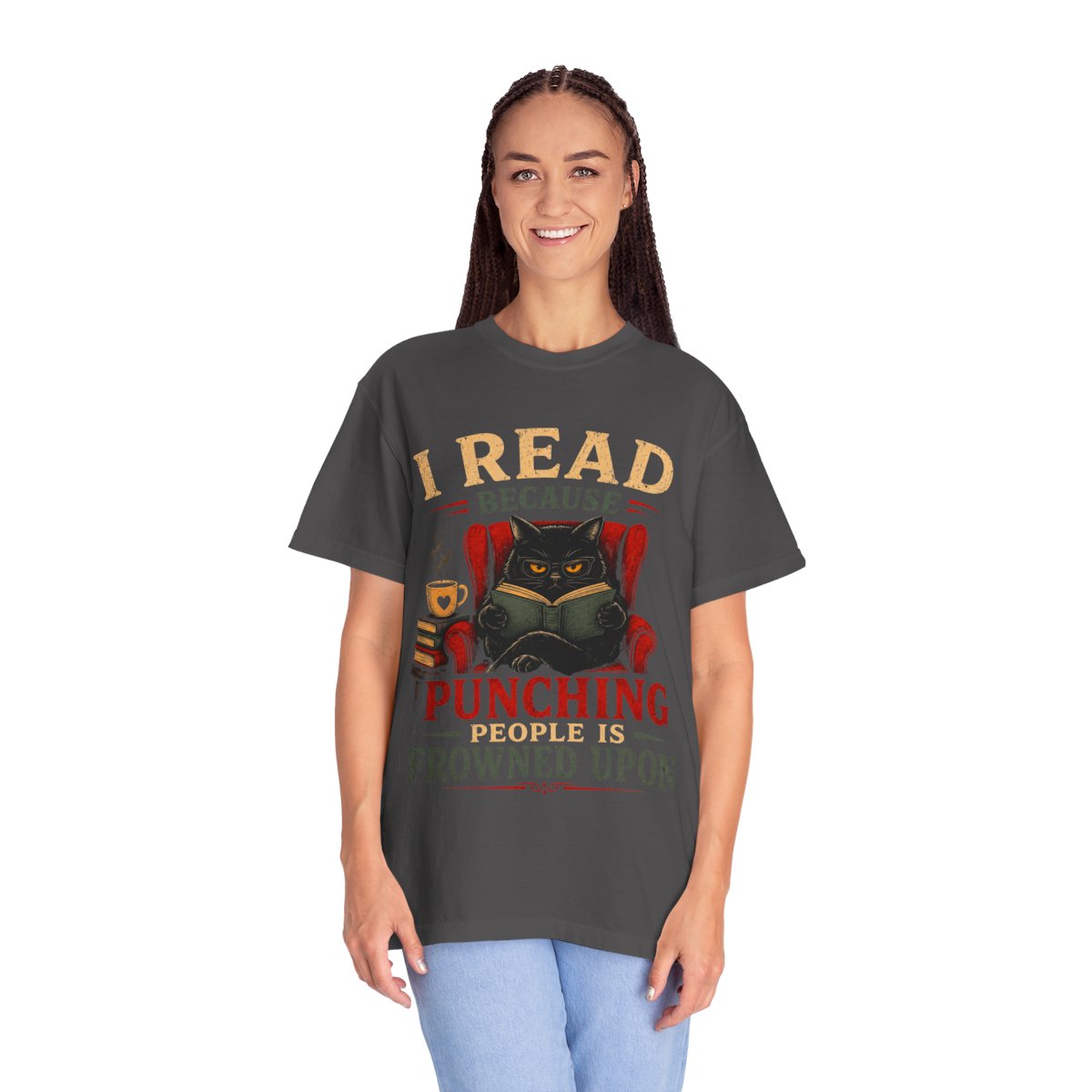 Funny Book Lover T-Shirt, “I Read Because Punching People Is Frowned Upon” Black Cat Tee