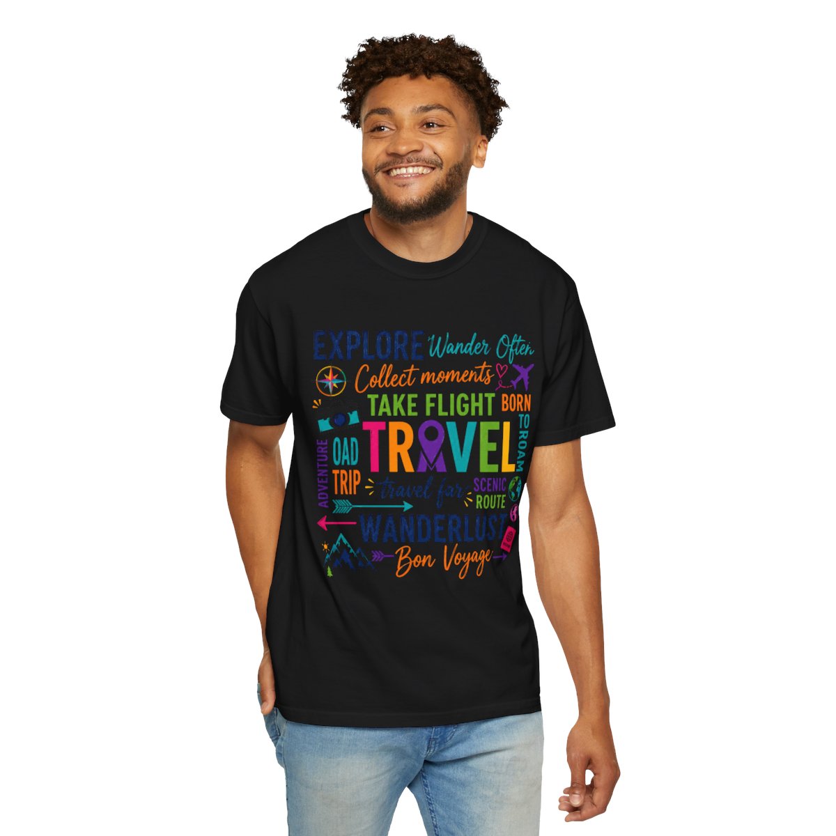 Travel T-Shirt Square– Explore Wanderlust Adventure & Bon Voyage Graphic Tee Travell, Typography Stack