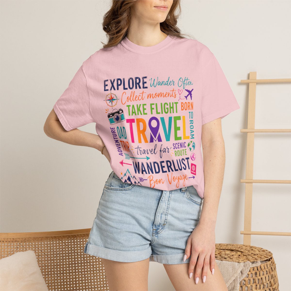 Travel T-Shirt Square– Explore Wanderlust Adventure & Bon Voyage Graphic Tee Travell, Typography Stack
