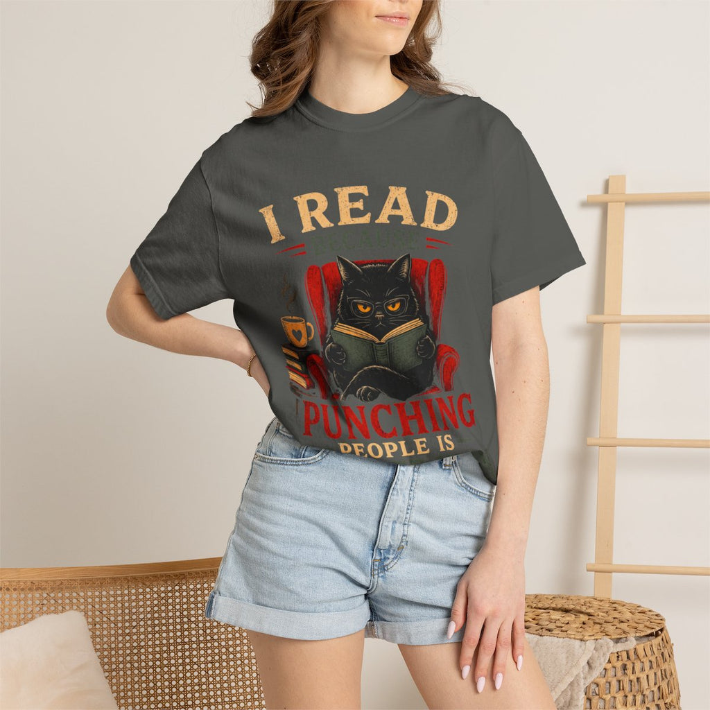 Funny Book Lover T-Shirt, “I Read Because Punching People Is Frowned Upon” Black Cat Tee