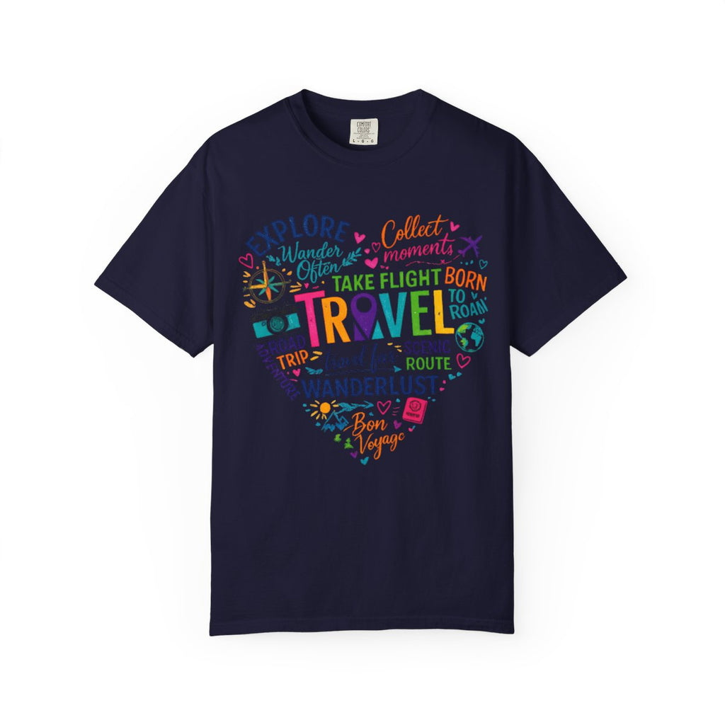 A navy blue short-sleeve crewneck t-shirt featuring a colorful travel-themed graphic on the chest. The graphic is shaped like a heart and contains various travel words and icons in bright colors like yellow, pink, green, and orange.