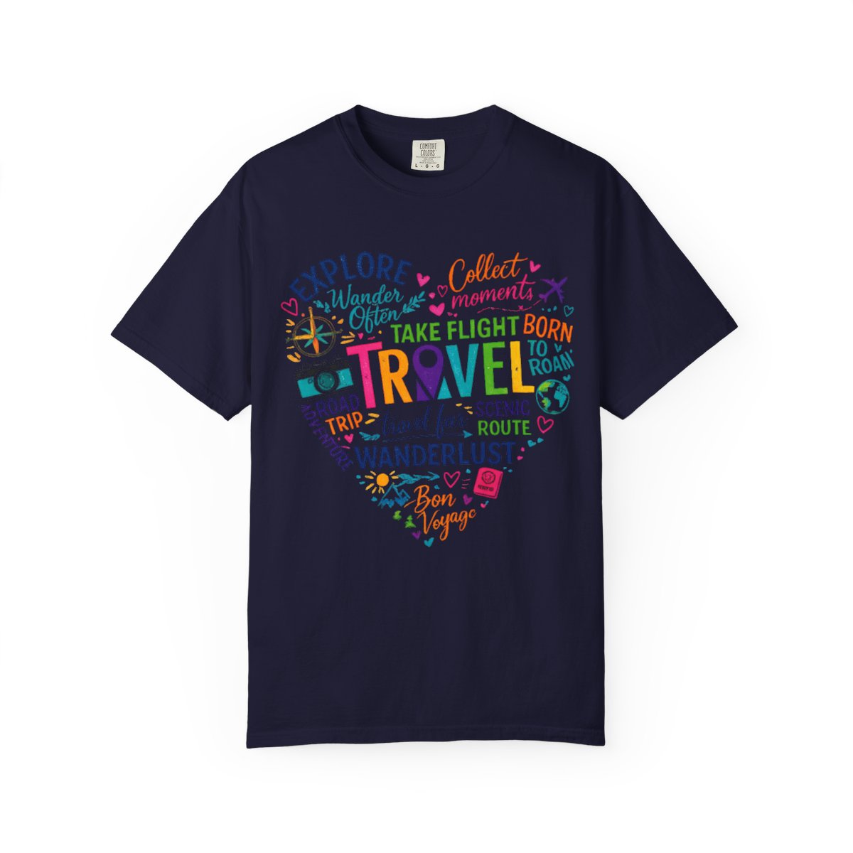 A navy blue short-sleeve crewneck t-shirt featuring a colorful travel-themed graphic on the chest. The graphic is shaped like a heart and contains various travel words and icons in bright colors like yellow, pink, green, and orange.