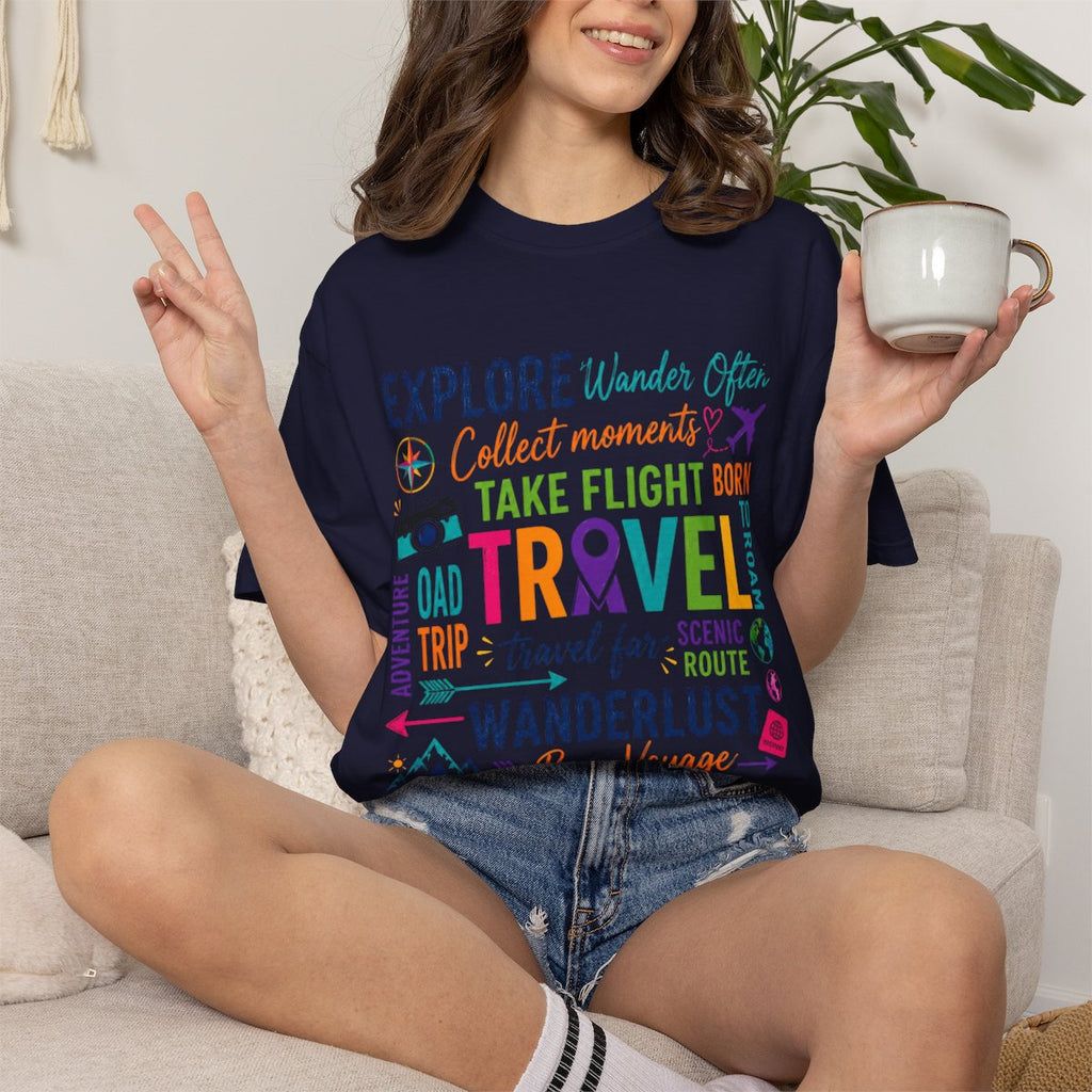 Travel T-Shirt Square– Explore Wanderlust Adventure & Bon Voyage Graphic Tee Travell, Typography Stack