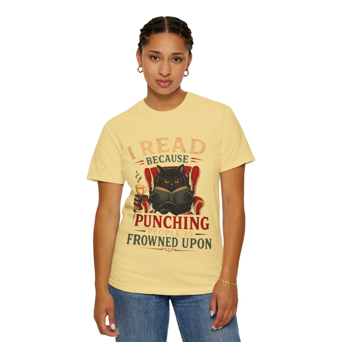 Funny Book Lover T-Shirt, “I Read Because Punching People Is Frowned Upon” Black Cat Tee