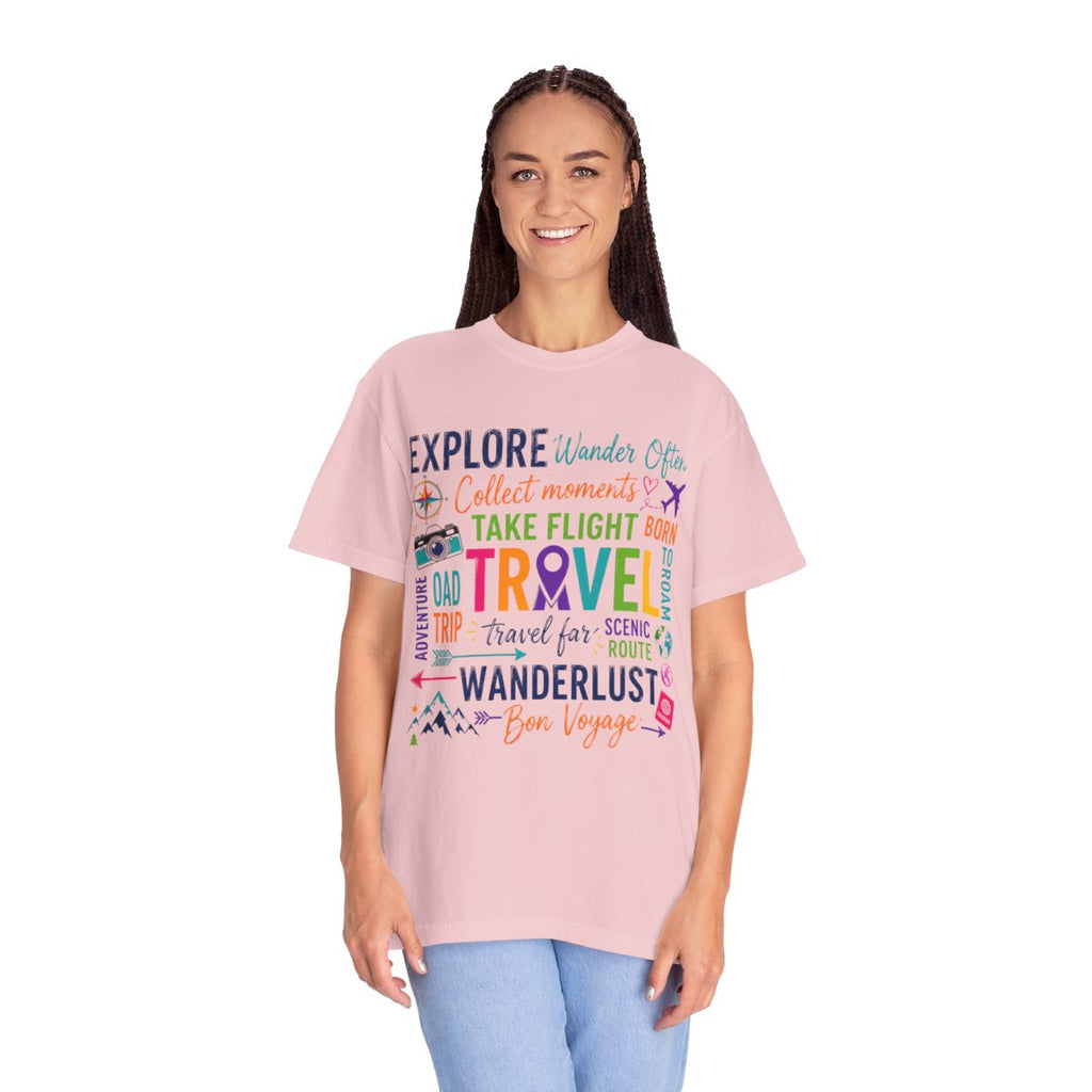 Travel T-Shirt Square– Explore Wanderlust Adventure & Bon Voyage Graphic Tee Travell, Typography Stack