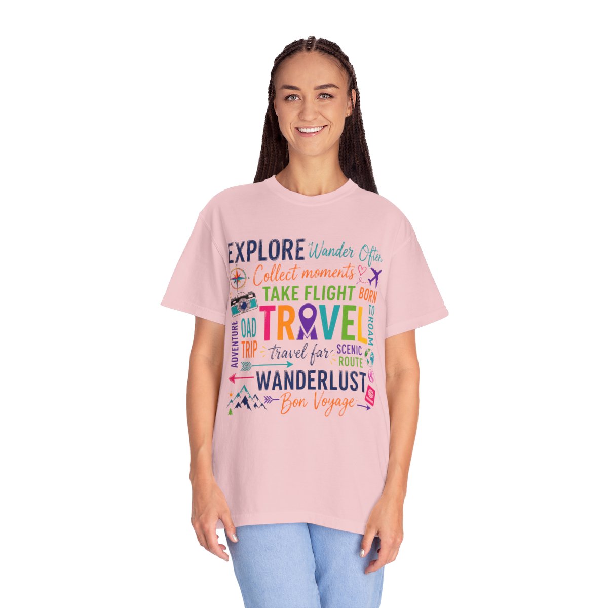 Travel T-Shirt Square– Explore Wanderlust Adventure & Bon Voyage Graphic Tee Travell, Typography Stack
