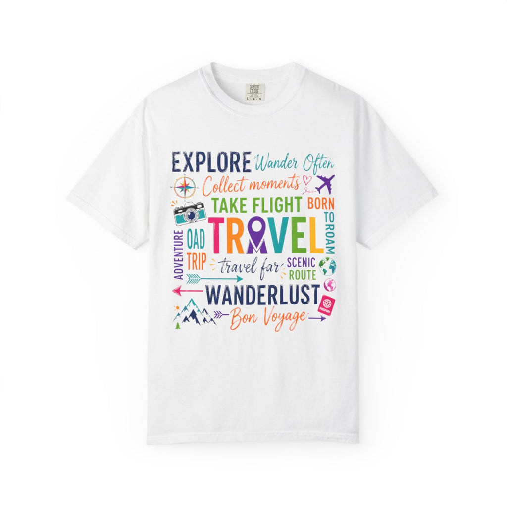 Travel T-Shirt Square– Explore Wanderlust Adventure & Bon Voyage Graphic Tee Travell, Typography Stack