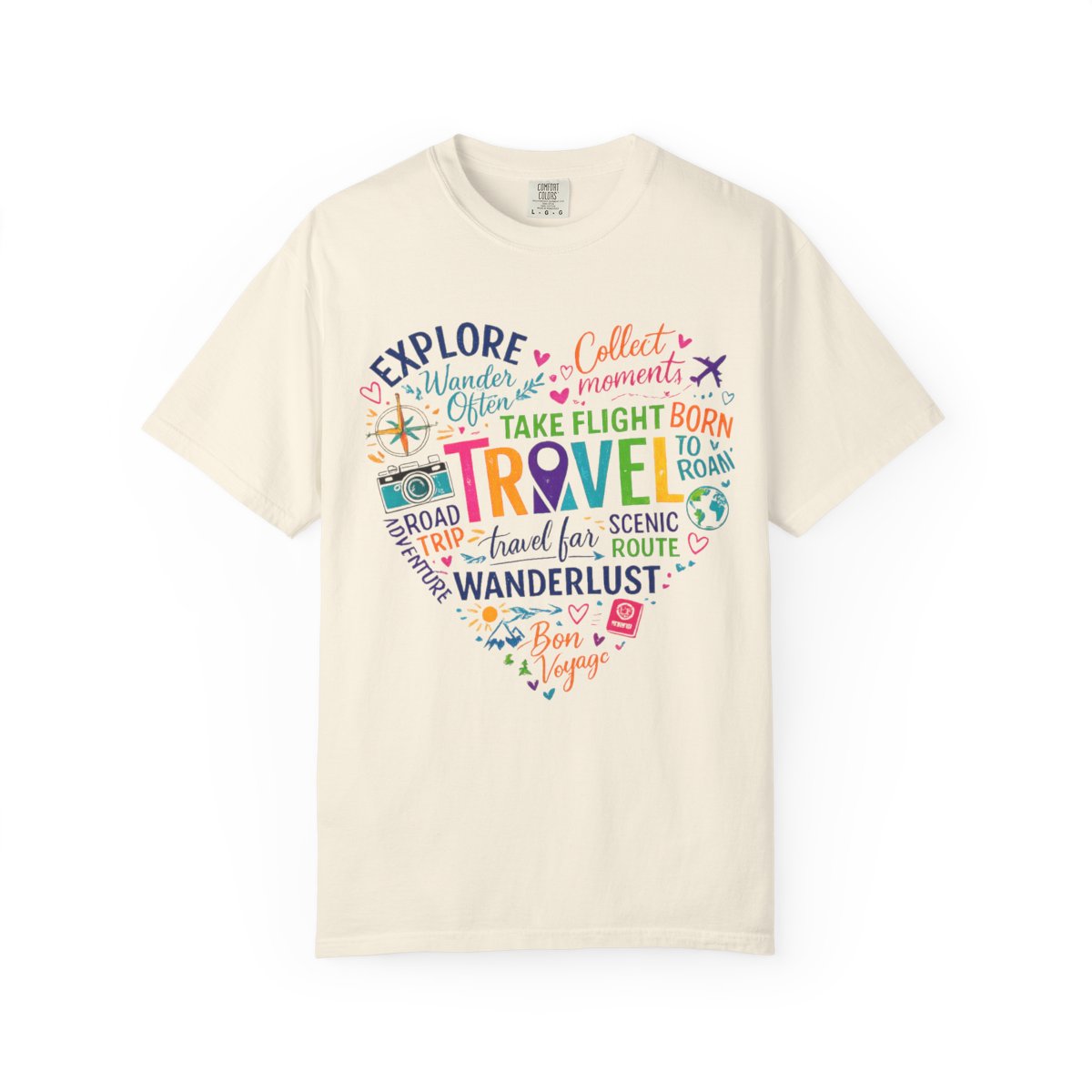 An off-white short-sleeve crewneck t-shirt featuring a colorful heart-shaped graphic with travel-themed text and illustrations, displayed on a clean white background.
