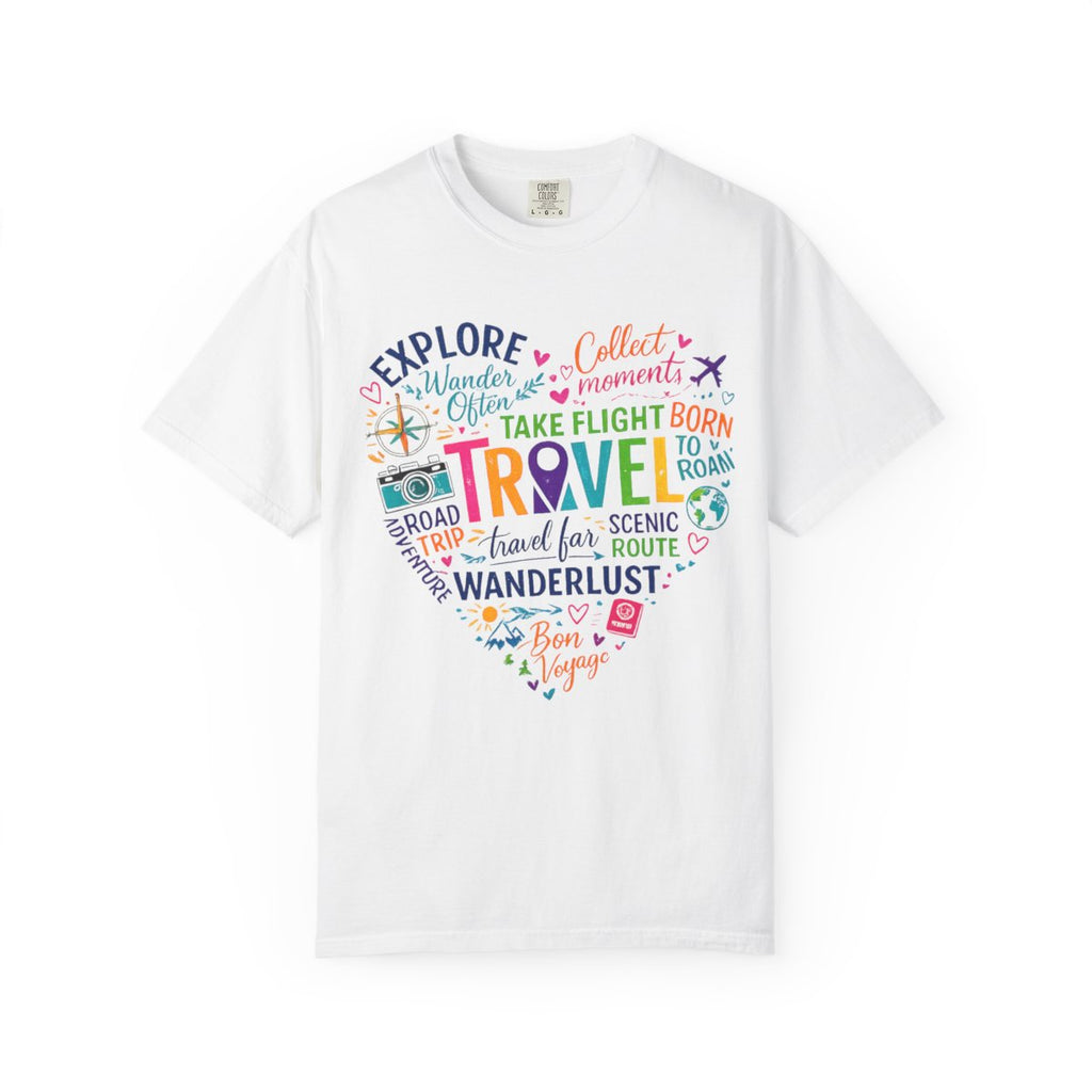 A white short-sleeve crewneck t-shirt featuring a colorful heart-shaped graphic on the chest with travel-themed text and illustrations.