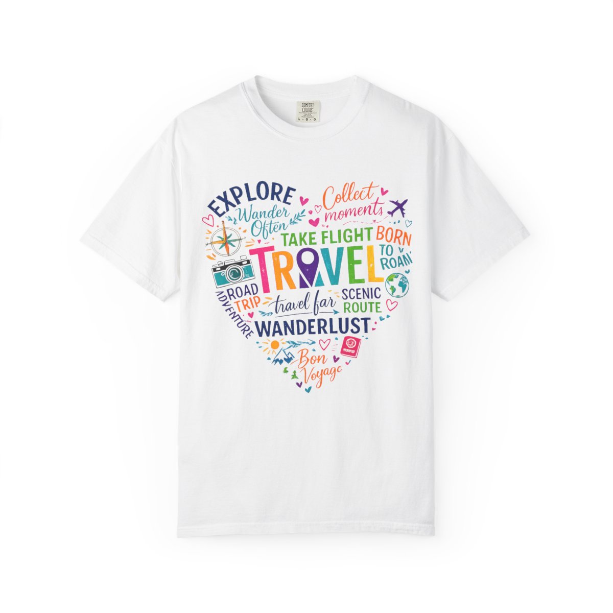 A white short-sleeve crewneck t-shirt featuring a colorful heart-shaped graphic on the chest with travel-themed text and illustrations.