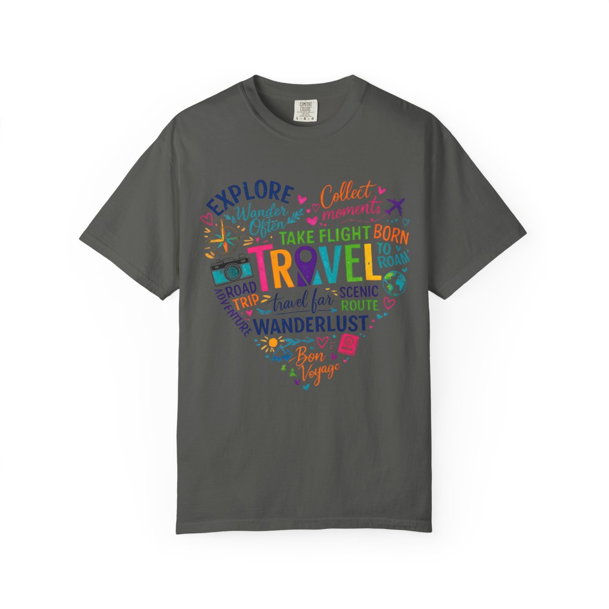 A dark gray crewneck t-shirt featuring a colorful heart-shaped graphic with travel-themed text and icons, displayed on a clean white background.