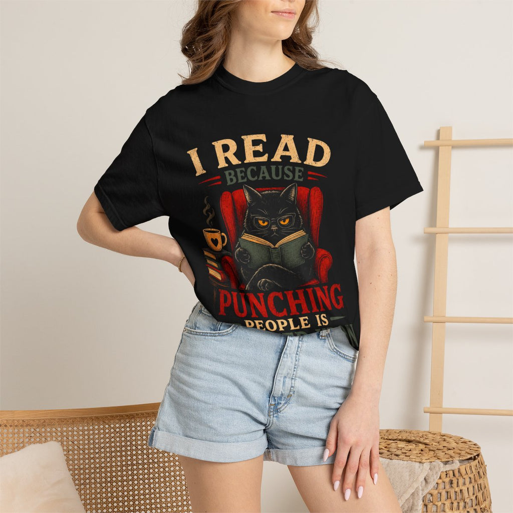 Funny Book Lover T-Shirt, “I Read Because Punching People Is Frowned Upon” Black Cat Tee