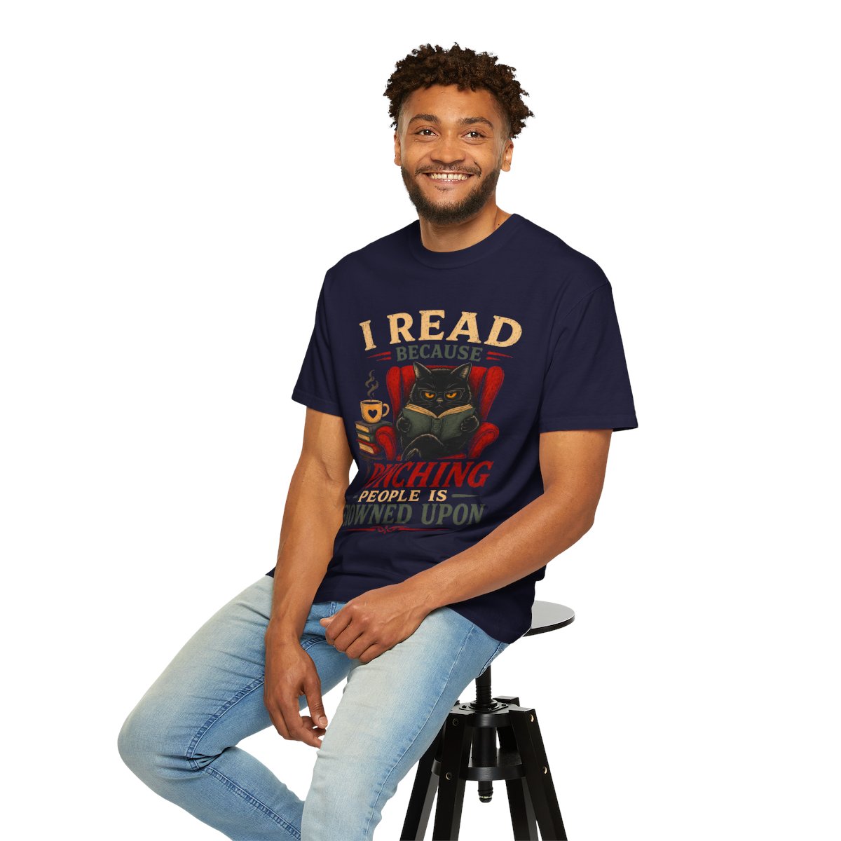 Funny Book Lover T-Shirt, “I Read Because Punching People Is Frowned Upon” Black Cat Tee